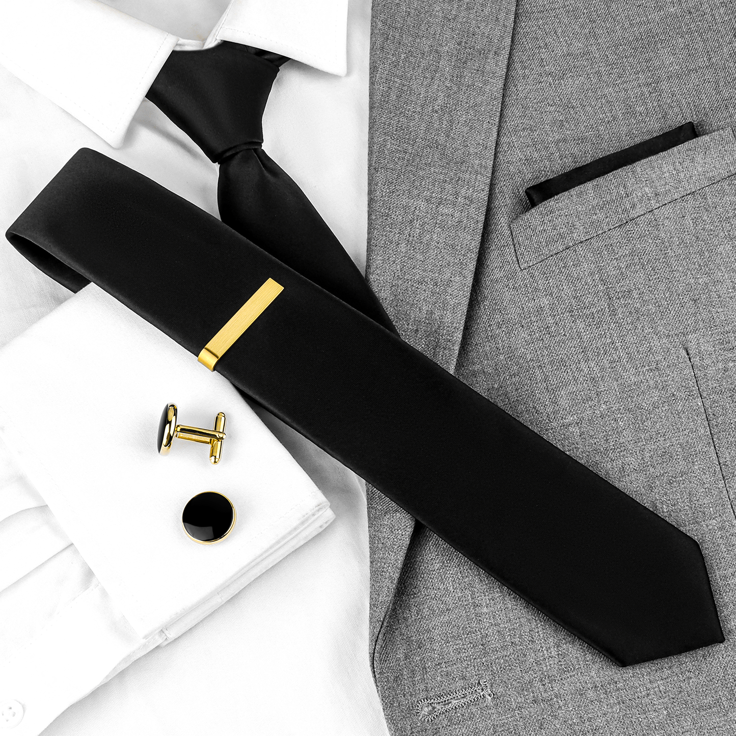 Classic Black Ties for men Tie Clips and Cufflinks Set