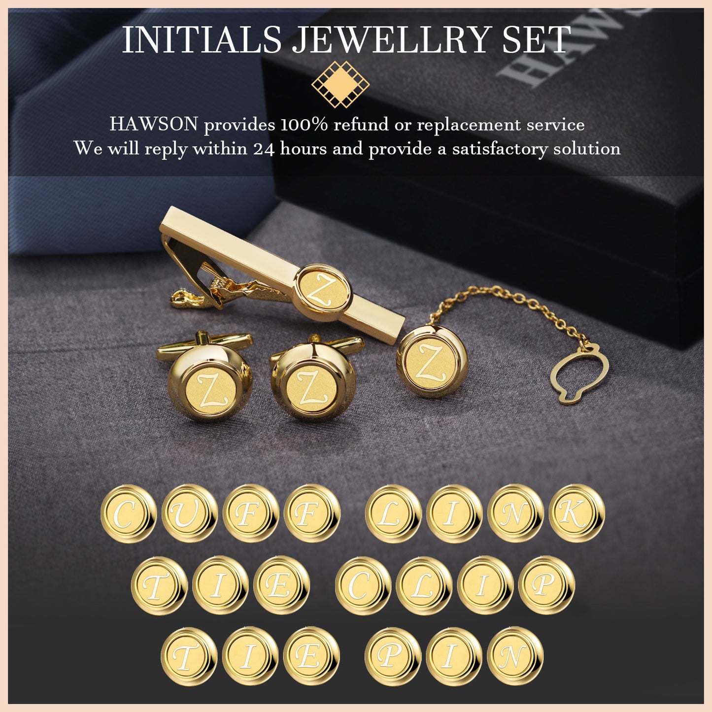 HAWSON Gold Tone Initial Suit Accessories Set