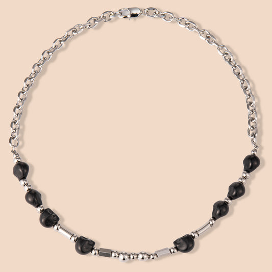 HAWSON gothic bead necklace with black stones and stainless steel beads, blending industrial edge with dark elegance for versatile styling