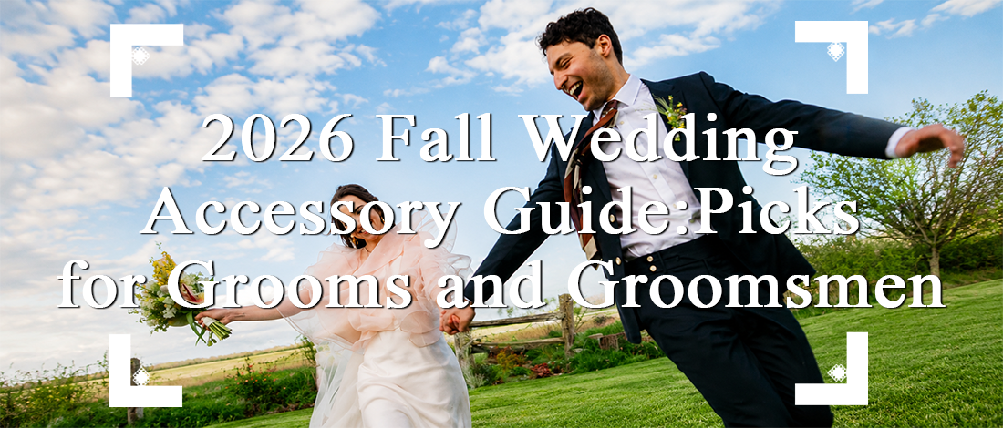 Bride and groom at an outdoor fall wedding for the 2026 groom and groomsmen accessories guide