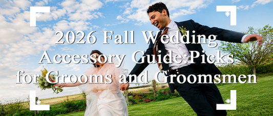 Bride and groom at an outdoor fall wedding for the 2026 groom and groomsmen accessories guide