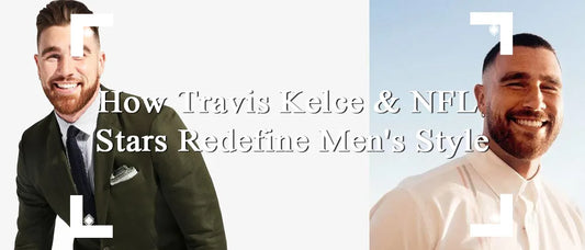 Split banner image of NFL star Travis Kelce in a dark green tailored suit jacket and a white button-down shirt, illustrating how athletes redefine men's fashion and accessory trends in 2026.