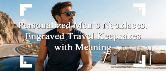Man wearing a personalized engraved necklace as a meaningful summer travel keepsake
