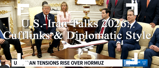 U.S.-Iran Talks 2026 cover image showing a diplomatic meeting scene and formal menswear style with cufflinks
