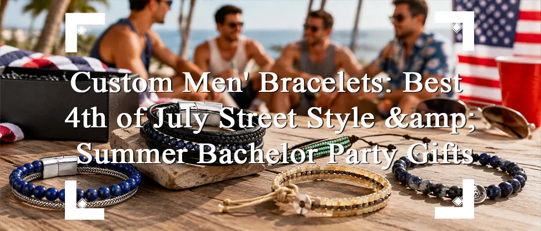 Custom men's bracelets displayed at a summer bachelor party with leather and beaded styles