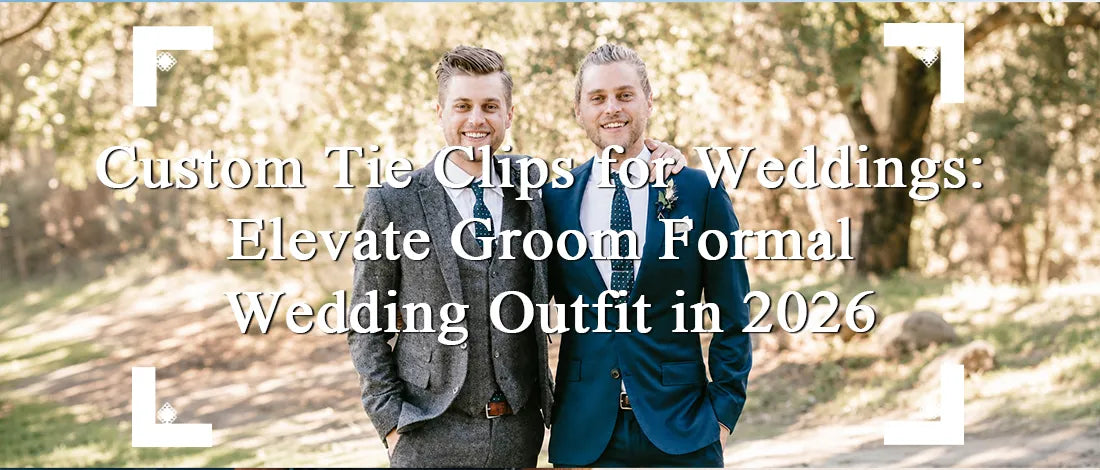 Groom and groomsmen wearing custom wedding tie clips with coordinated formal accessories