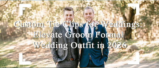Groom and groomsmen wearing custom wedding tie clips with coordinated formal accessories
