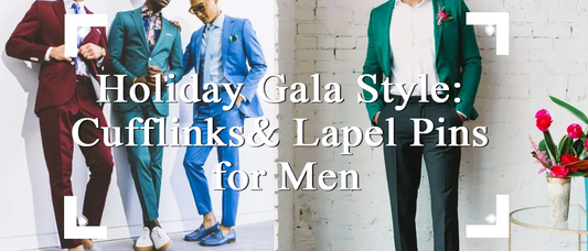 Holiday gala style featuring men in colorful suits with cufflinks and lapel pins