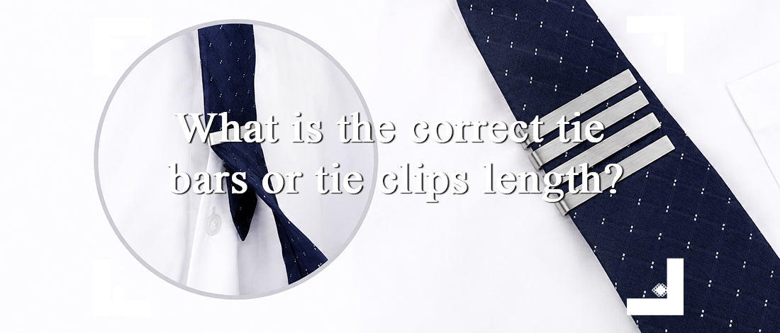 Visual guide showing four tie clip lengths on a navy necktie to help choose the right tie clip size for different tie widths.