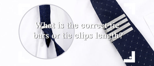 Visual guide showing four tie clip lengths on a navy necktie to help choose the right tie clip size for different tie widths.