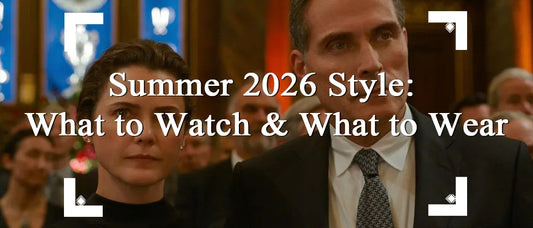 Summer 2026 men's style guide inspired by popular TV shows, featuring sophisticated tailoring and classic fashion accessories like cufflinks and brooches.