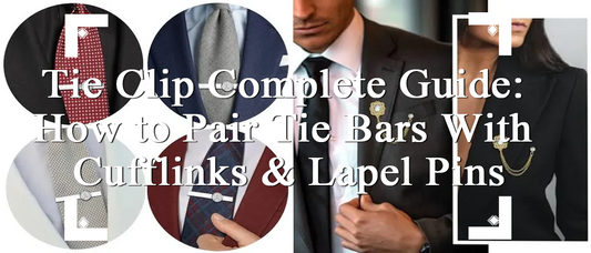 Men's style guide showing how to pair tie bars with cufflinks and lapel pins