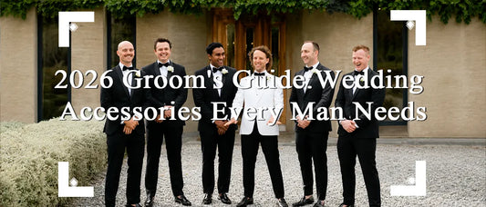 Groom and groomsmen featured in a 2026 guide to essential wedding accessories for men