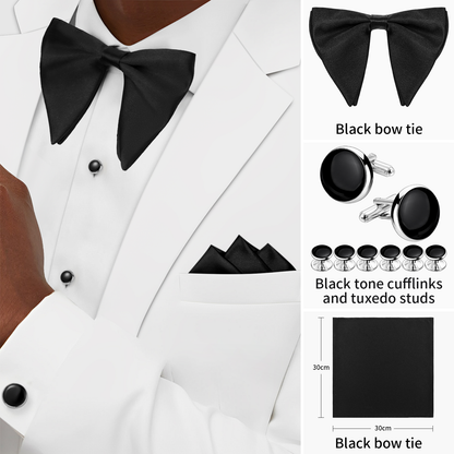 HAWSON Black Bow Ties Pocket Square Set with Cufflinks and Studs,Men's Adjustable Pre-Tied Silk Tuxedo Bow tie for Wedding.