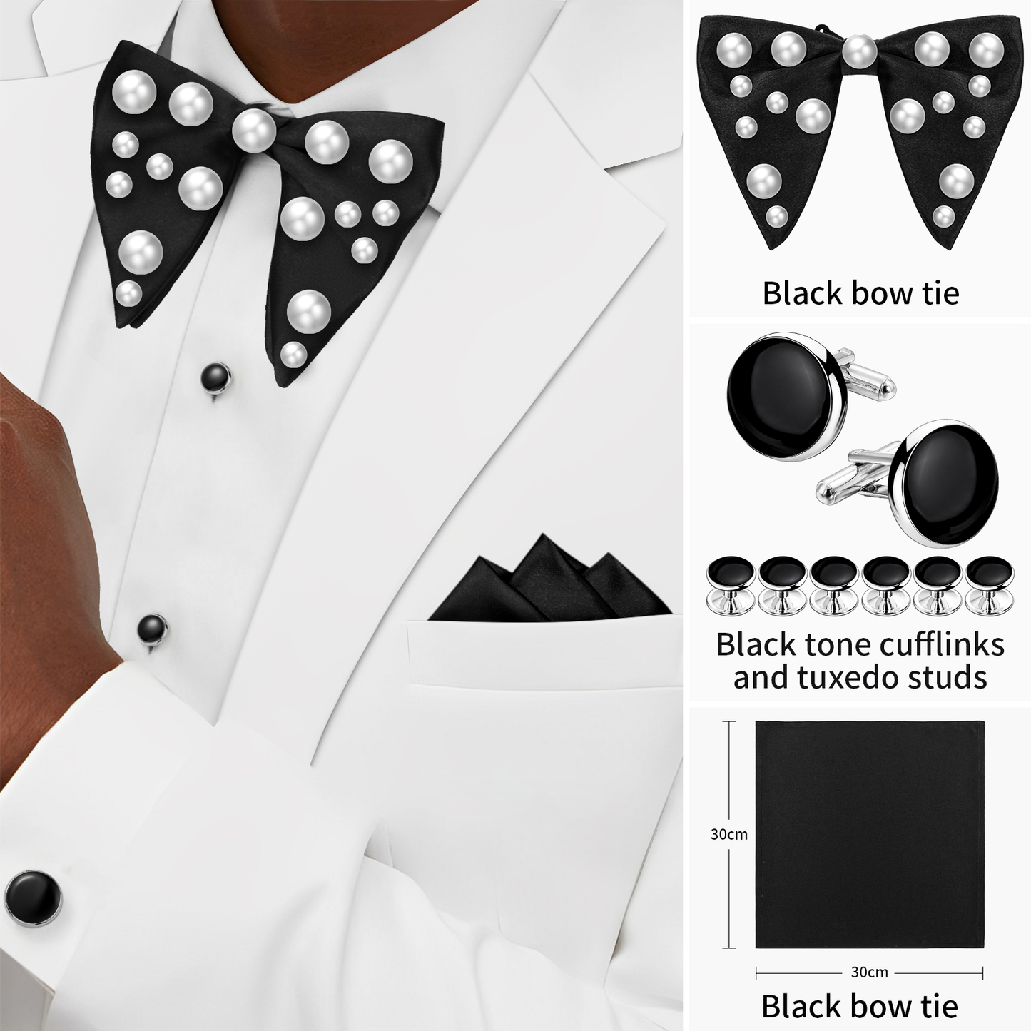 HAWSON Black Bow Ties Pocket Square Set with Cufflinks and Studs