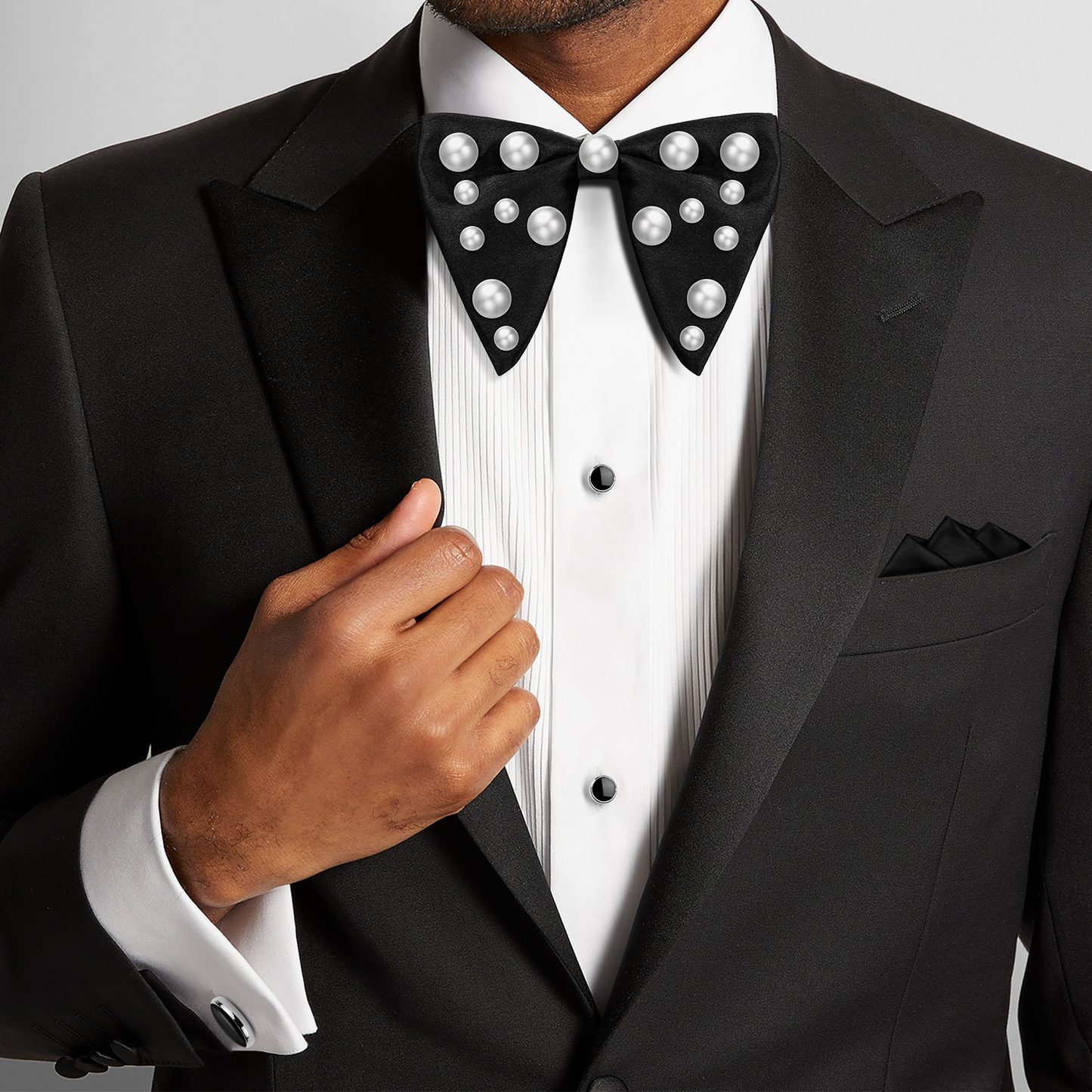 HAWSON Black Bow Ties Pocket Square Set with Cufflinks and Studs