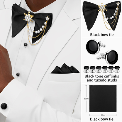 HAWSON Black Bow Ties Pocket Square Set with Cufflinks and Studs