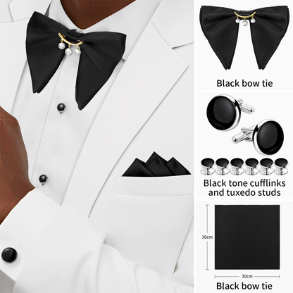 HAWSON Black Bow Ties Pocket Square Set with Cufflinks and Studs