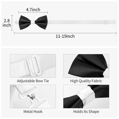 HAWSON Black Bow Ties Pocket Square Set with Cufflinks and Studs,Men's Adjustable Pre-Tied Silk Tuxedo Bow tie for Wedding.