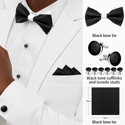 HAWSON Black Bow Ties Pocket Square Set with Cufflinks and Studs,Men's Adjustable Pre-Tied Silk Tuxedo Bow tie for Wedding.