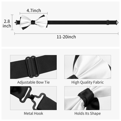 HAWSON Black Bow Ties Pocket Square Set with Cufflinks and Studs,Men's Adjustable Pre-Tied Silk Tuxedo Bow tie for Wedding.