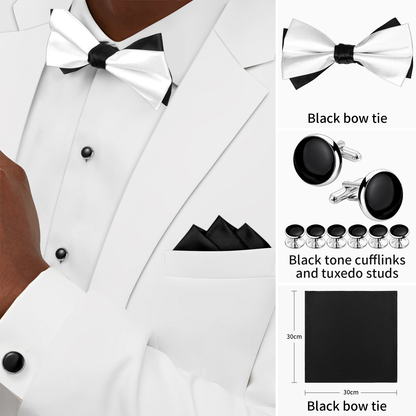 HAWSON Black Bow Ties Pocket Square Set with Cufflinks and Studs,Men's Adjustable Pre-Tied Silk Tuxedo Bow tie for Wedding.