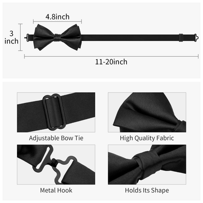 HAWSON Black Bow Ties Pocket Square Set with Cufflinks and Studs,Men's Adjustable Pre-Tied Silk Tuxedo Bow tie for Wedding.