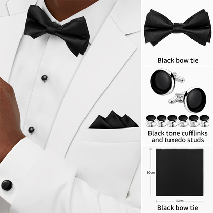 HAWSON Black Bow Ties Pocket Square Set with Cufflinks and Studs,Men's Adjustable Pre-Tied Silk Tuxedo Bow tie for Wedding.