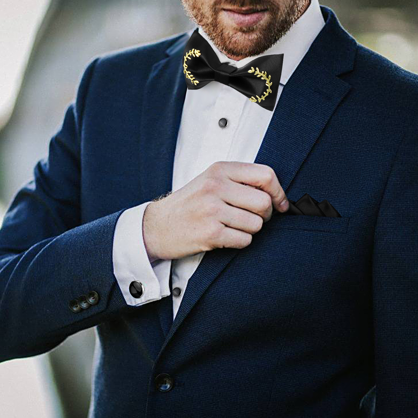 HAWSON Black Bow Ties Pocket Square Set with Cufflinks and Studs