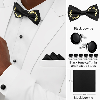 HAWSON Black Bow Ties Pocket Square Set with Cufflinks and Studs