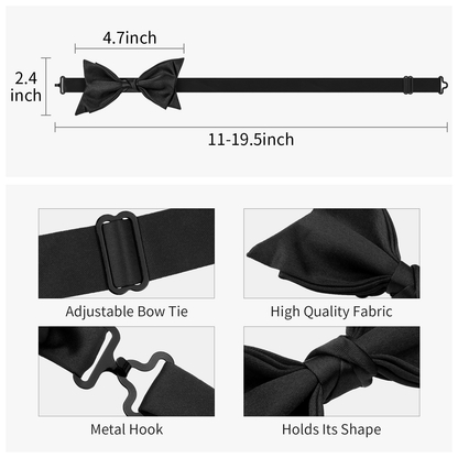 HAWSON Black Bow Ties Pocket Square Set with Cufflinks and Studs,Men's Adjustable Pre-Tied Silk Tuxedo Bow tie for Wedding.