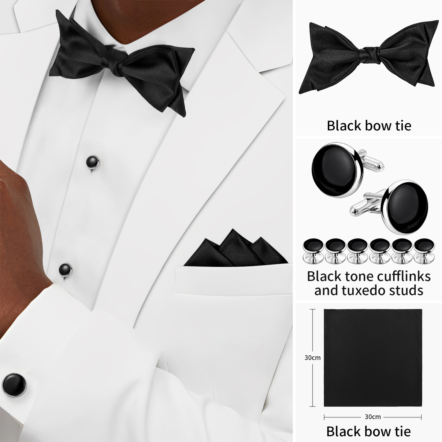 HAWSON Black Bow Ties Pocket Square Set with Cufflinks and Studs,Men's Adjustable Pre-Tied Silk Tuxedo Bow tie for Wedding.