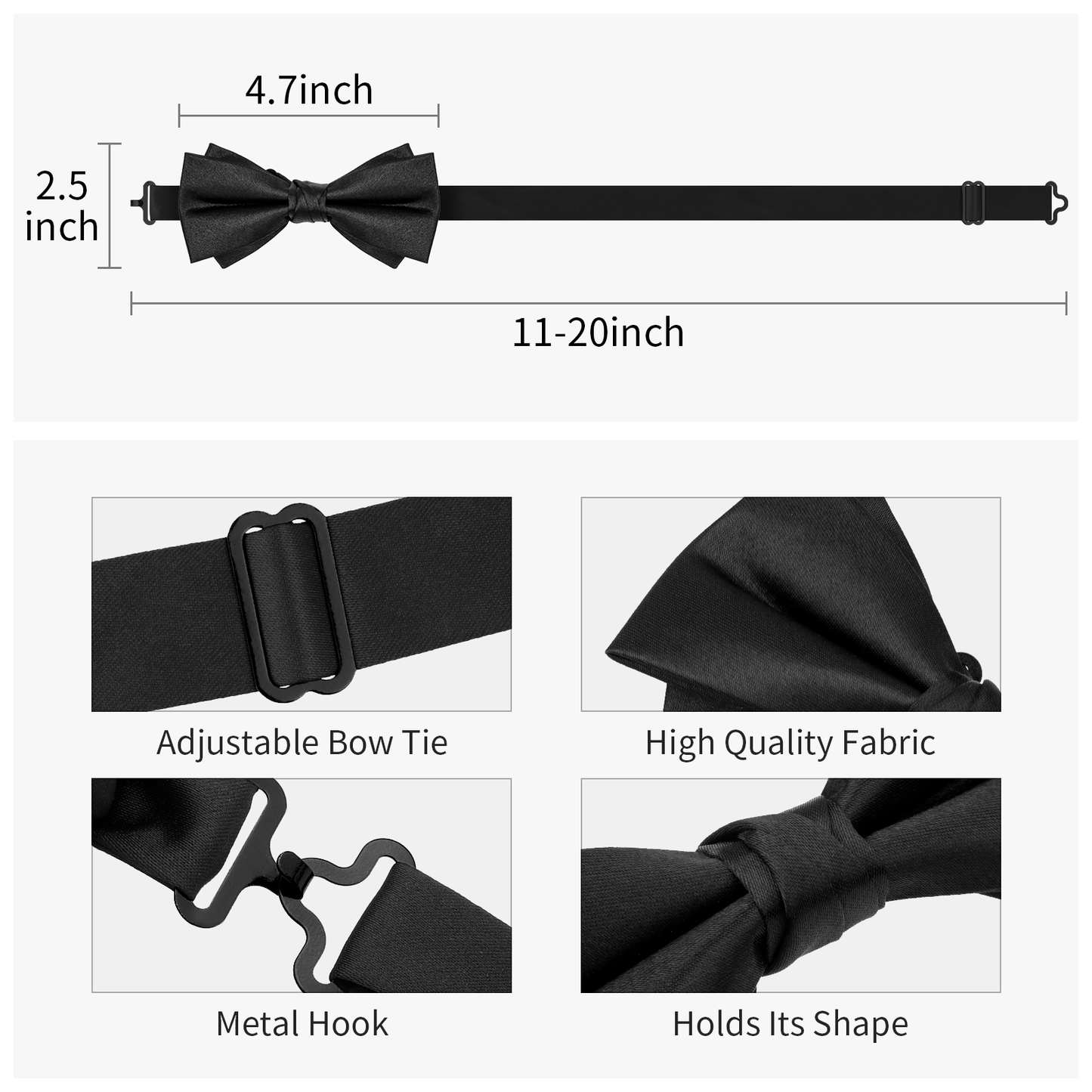 HAWSON Black Bow Ties Pocket Square Set with Cufflinks and Studs,Men's Adjustable Pre-Tied Silk Tuxedo Bow tie for Wedding.