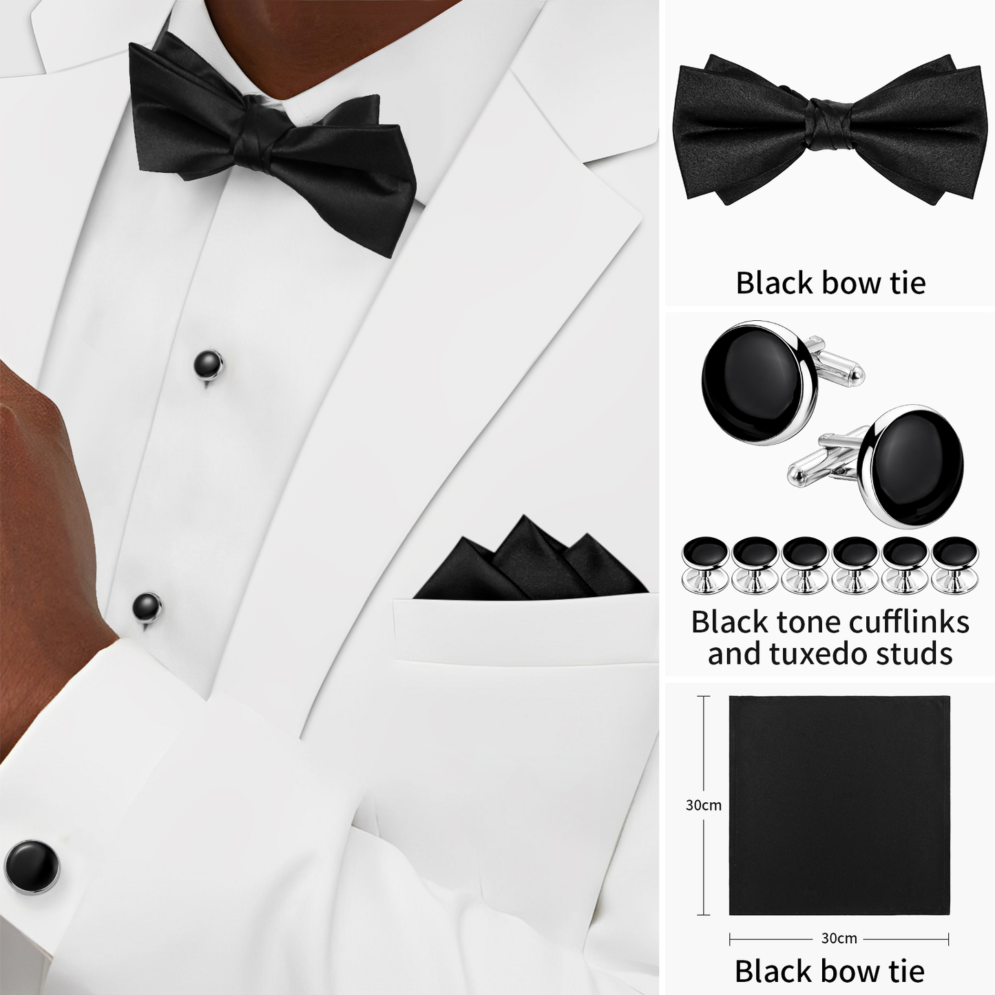 HAWSON Black Bow Ties Pocket Square Set with Cufflinks and Studs,Men's Adjustable Pre-Tied Silk Tuxedo Bow tie for Wedding.