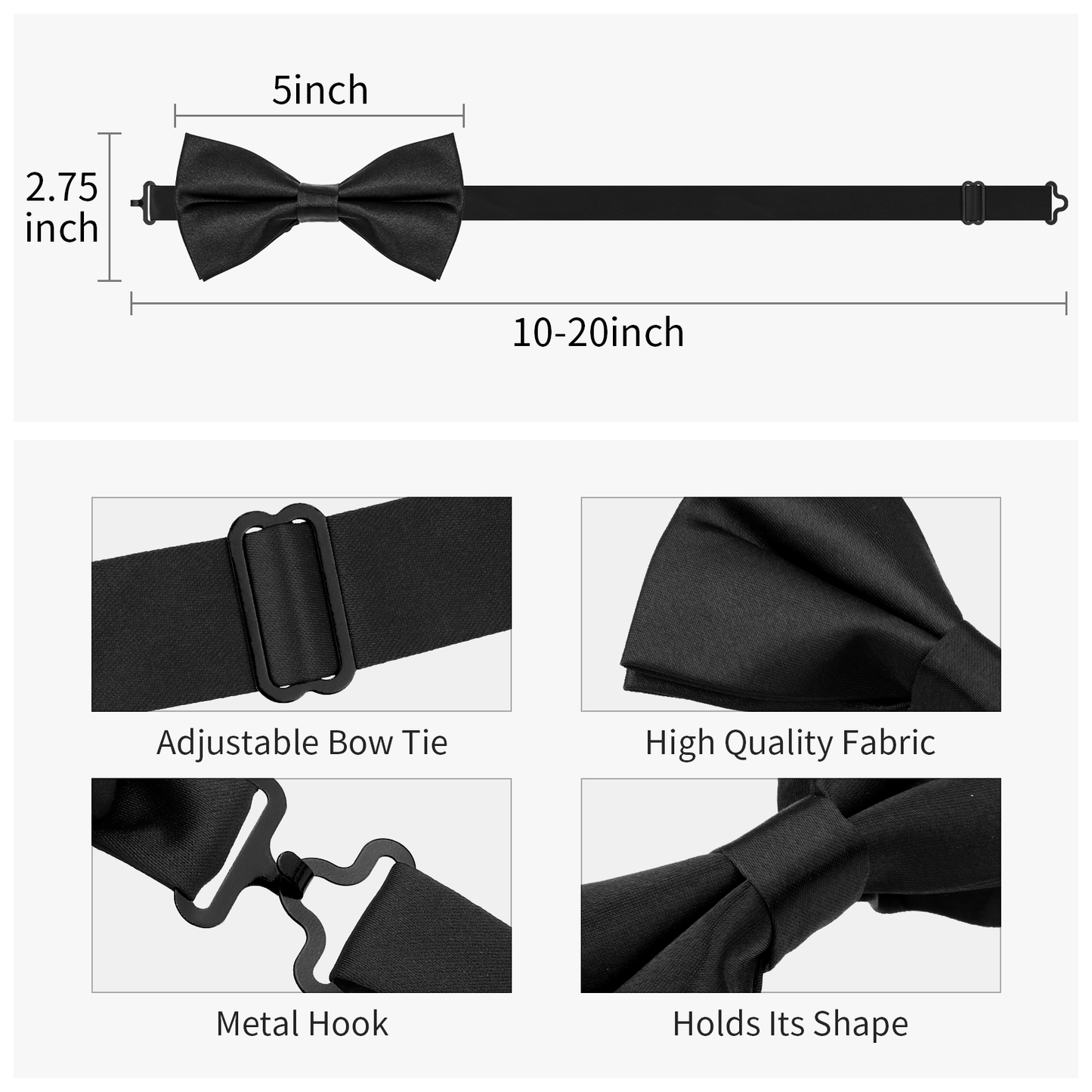 HAWSON Black Bow Ties Pocket Square Set with Cufflinks and Studs,Men's Adjustable Pre-Tied Silk Tuxedo Bow tie for Wedding.