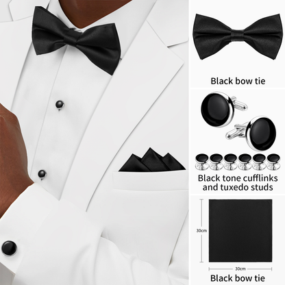 HAWSON Black Bow Ties Pocket Square Set with Cufflinks and Studs,Men's Adjustable Pre-Tied Silk Tuxedo Bow tie for Wedding.