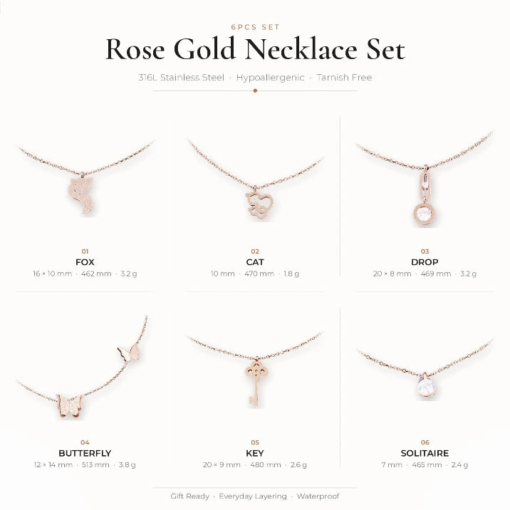 6Pcs Rose Gold Pendant Necklace Set, Stainless Steel Women Necklaces
