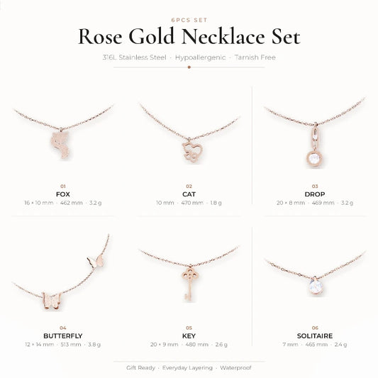 6Pcs Rose Gold Pendant Necklace Set, Stainless Steel Women Necklaces