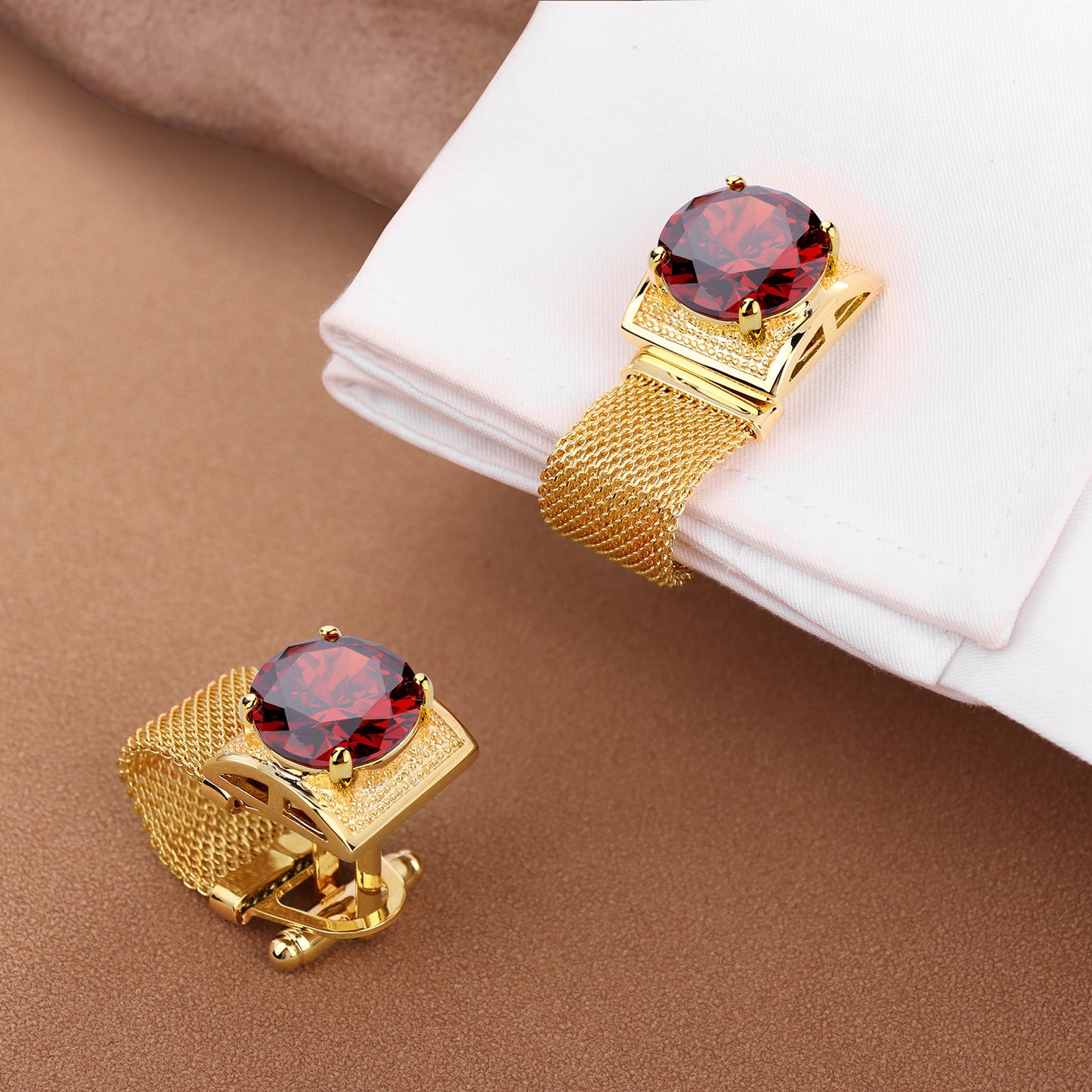 Cufflinks for Men with Chain - Birthstone and Shiny Gold Tone Shirt Accessories - Birthday Christmas Gifts for Men.