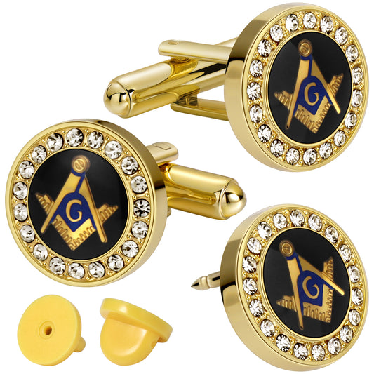 Crystal Freemason Masonic Gold Cufflinks and Brooch Sets