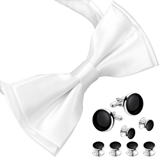 HAWSON Black Bow Ties Set with Cufflinks and Studs,Men's Adjustable Pre-Tied Silk Tuxedo Bow tie for Wedding.