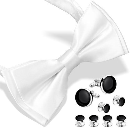 HAWSON Black Bow Ties Set with Cufflinks and Studs,Men's Adjustable Pre-Tied Silk Tuxedo Bow tie for Wedding.