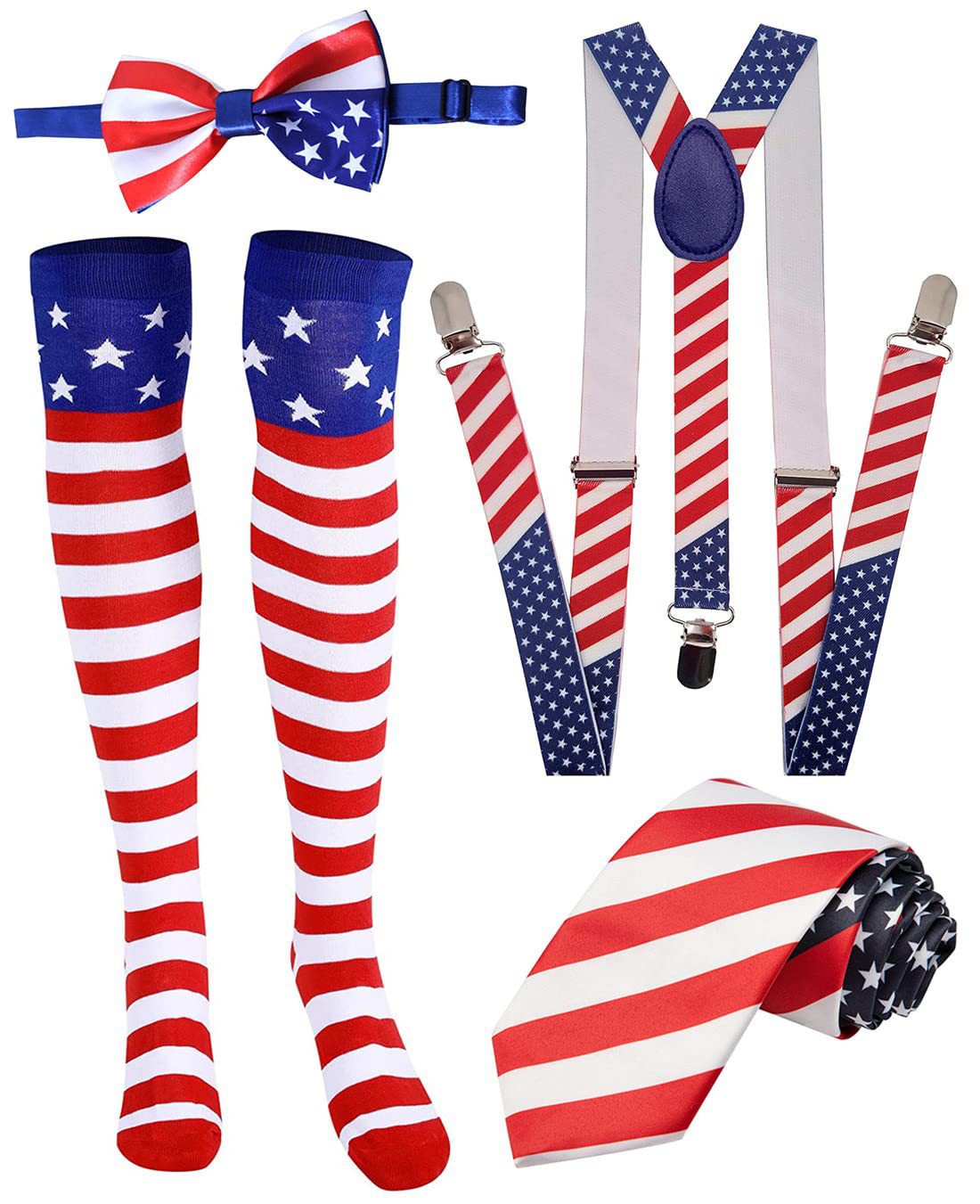 American Flag Patriotic Costume Set | Thigh High Socks + Suspender Bow Tie
