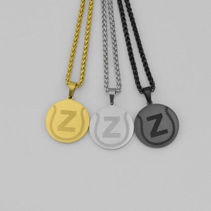 Stainless Steel A-Z Baseball-Shaped Necklace, Gold-Plated Personalized Round Pendant