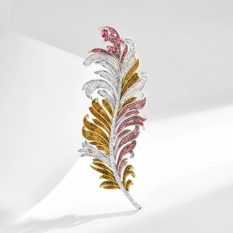Multicolor Crystal Feather Brooch | Zircon Luxury Men Formal Lapel Pin
