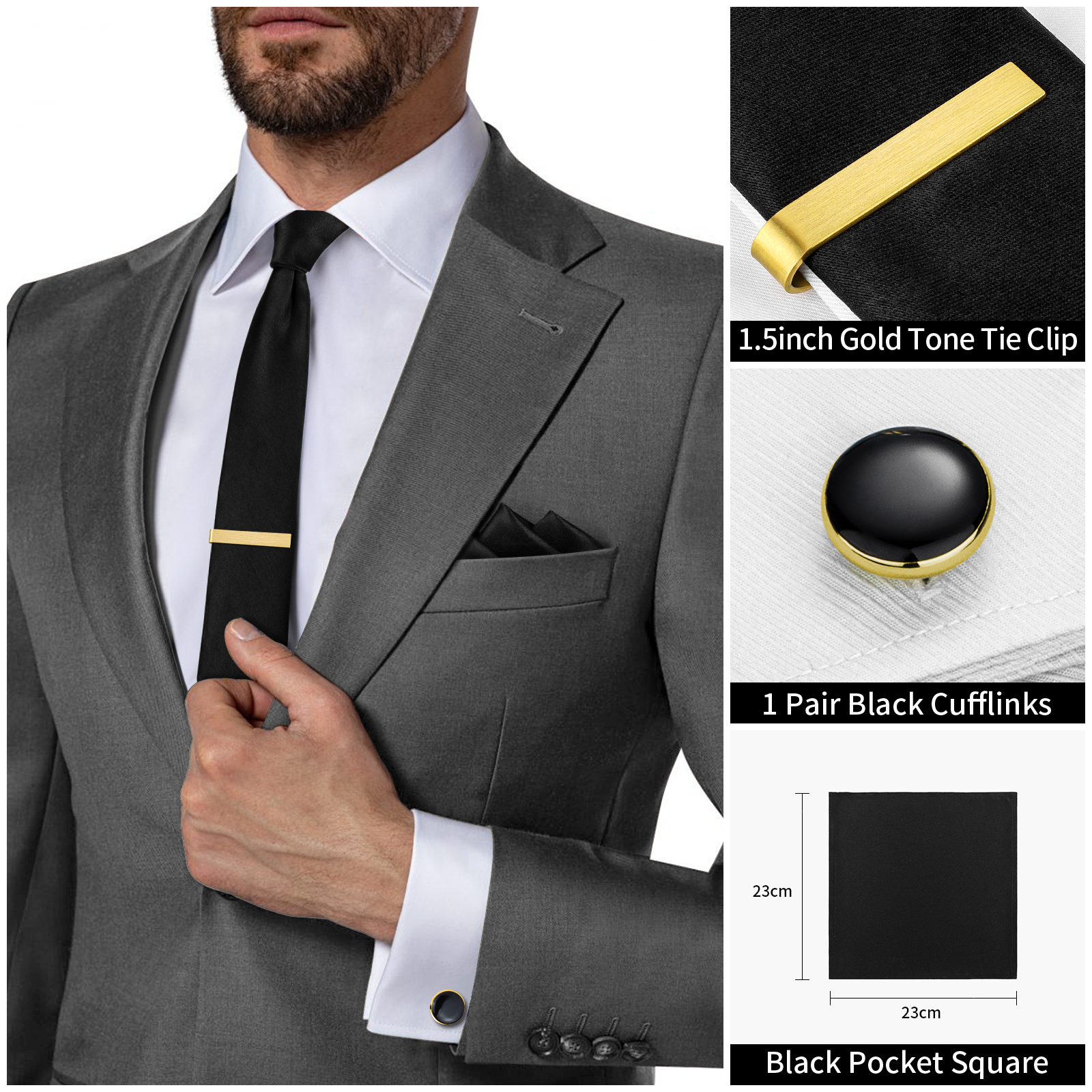 Black Pocket Square Ties For Men And Cufflinks Tie Clip Set, Solid