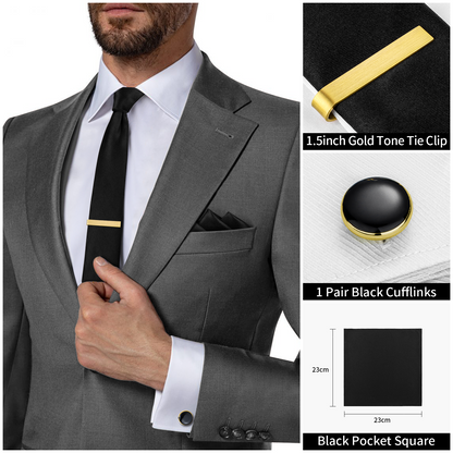 Classic Black Ties for men Tie Clips and Cufflinks Set