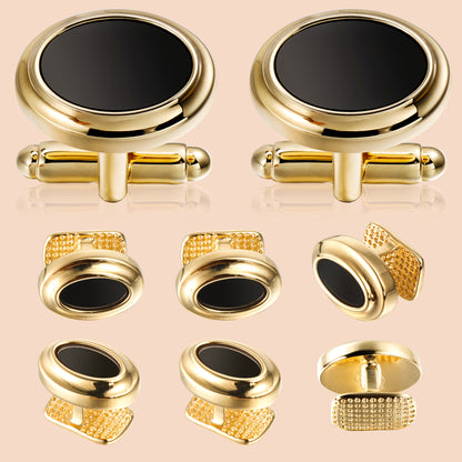 HAWSON 18K Gold Tone Cufflinks and Studs Set with Black Stone.