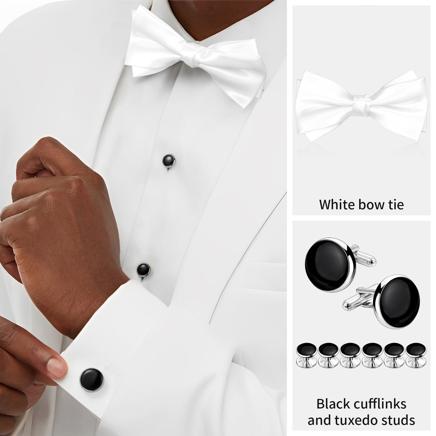 HAWSON Black Bow Ties Set with Cufflinks and Studs,Men's Adjustable Pre-Tied Silk Tuxedo Bow tie for Wedding.