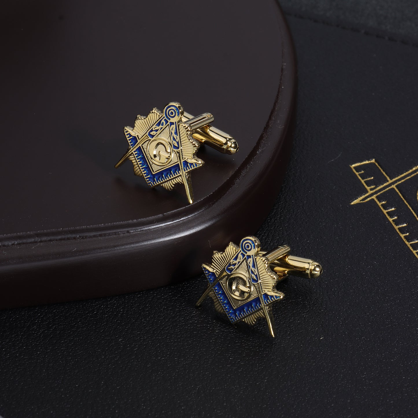 Blue enamel square compass G symbol Freemason cufflinks